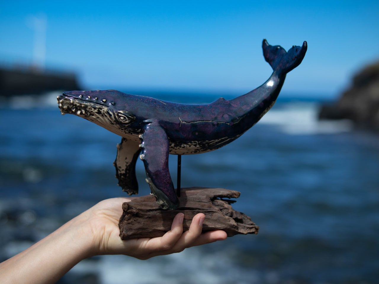 Large Ceramic Whale — Driftwood Stand — 2