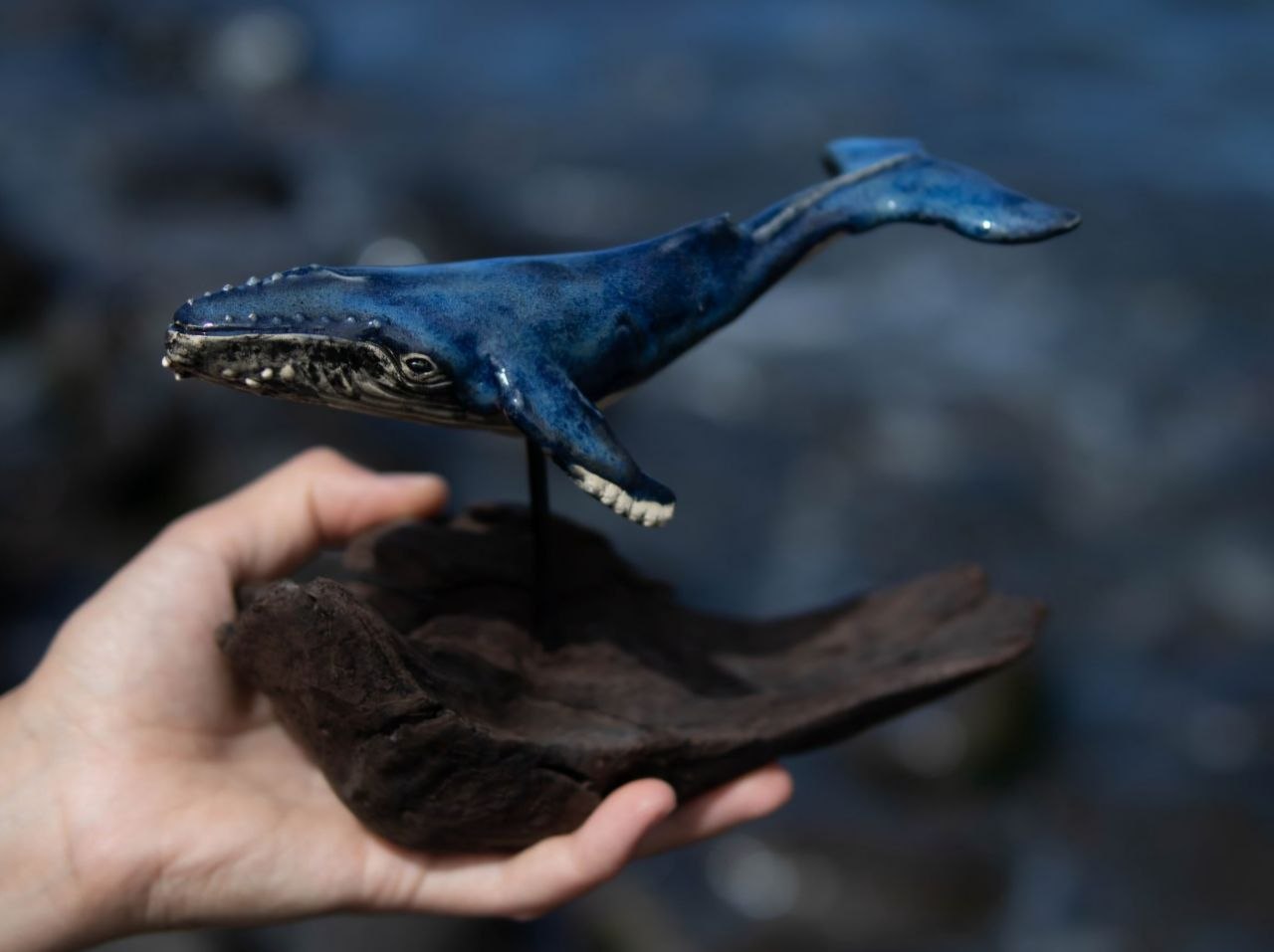Medium Ceramic Whale — Driftwood Stand