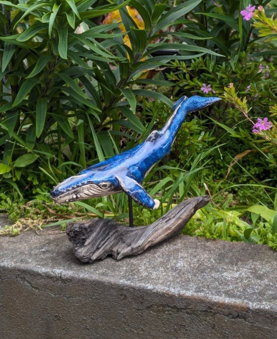 Medium Ceramic Whale — Driftwood Stand — 2