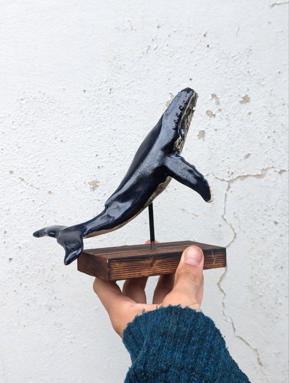 Medium Ceramic Whale — Wooden Stand