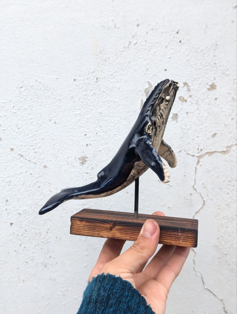 Medium Ceramic Whale — Wooden Stand — 2