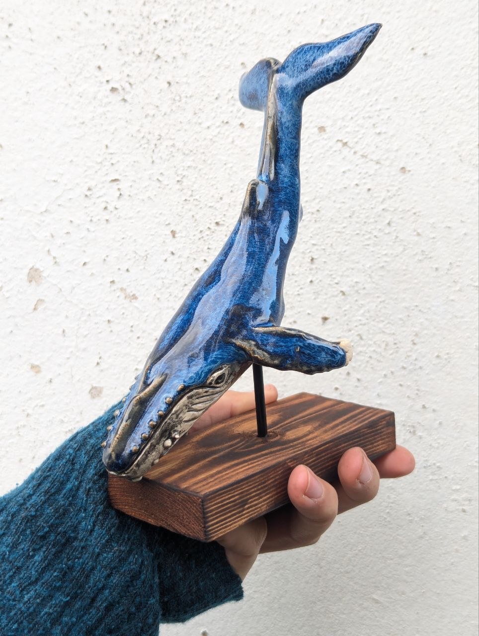 Medium Ceramic Whale — Wooden Stand — 3