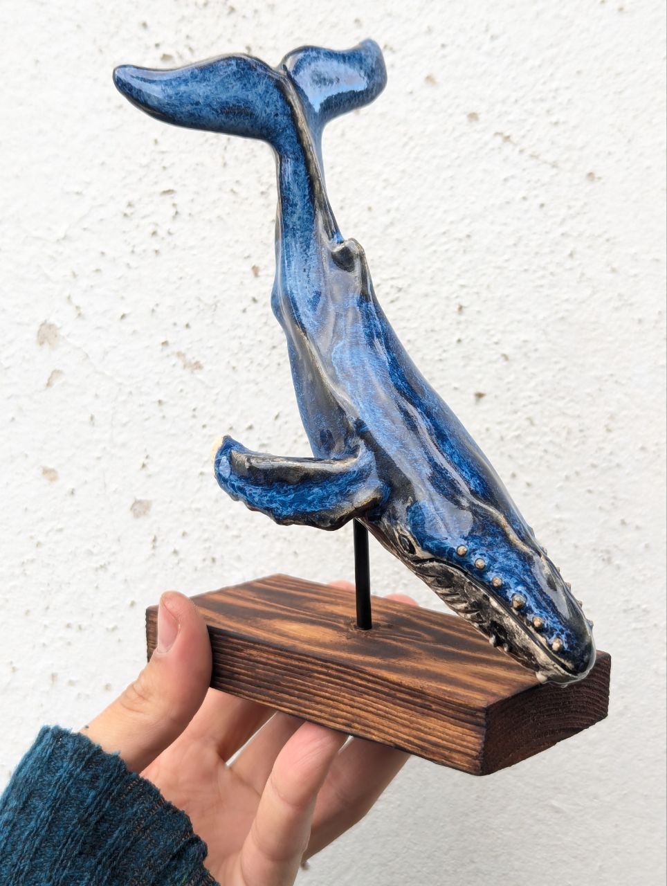 Medium Ceramic Whale — Wooden Stand — 4